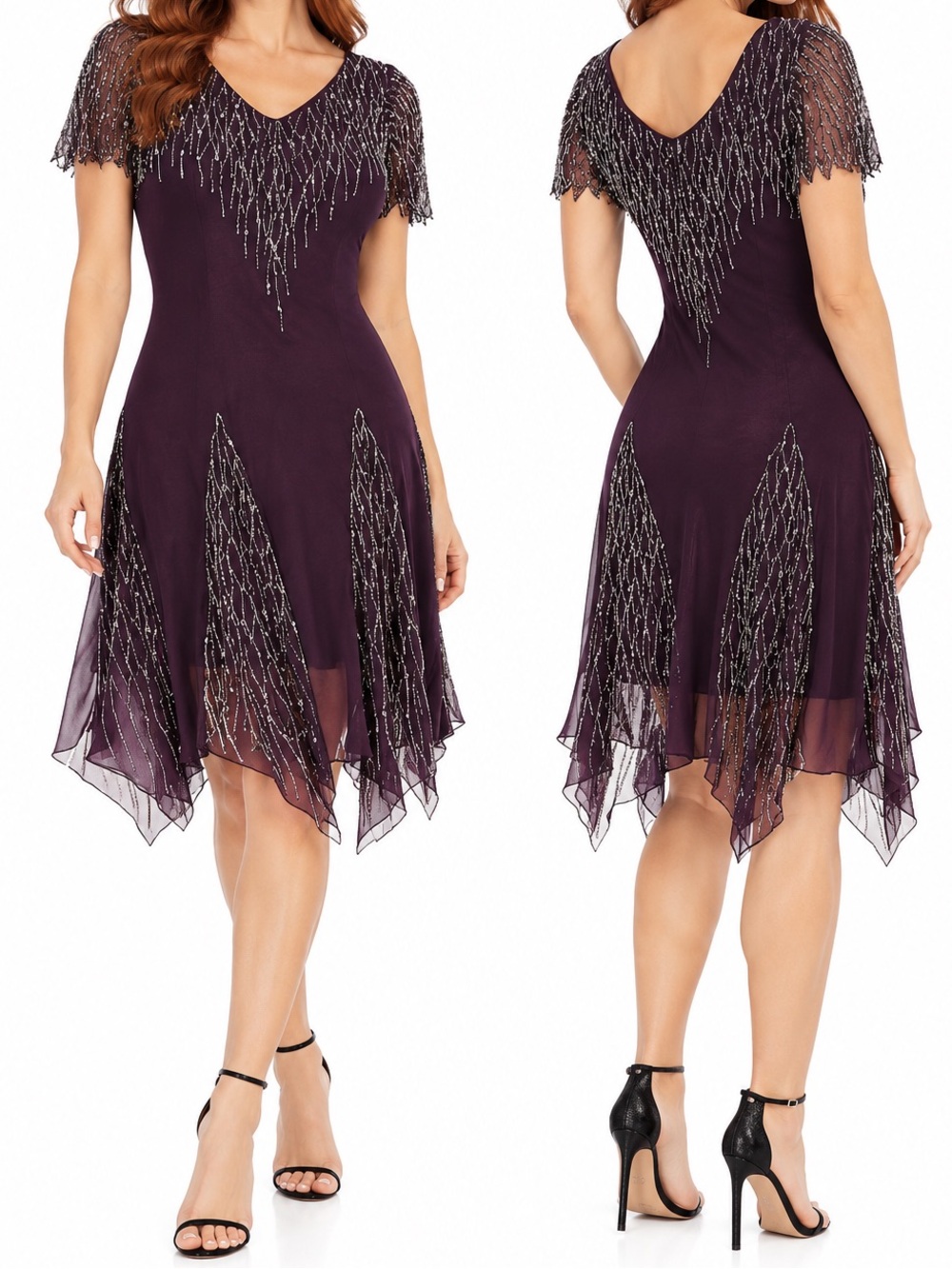 J Kara Purple Beaded Chiffon Dress